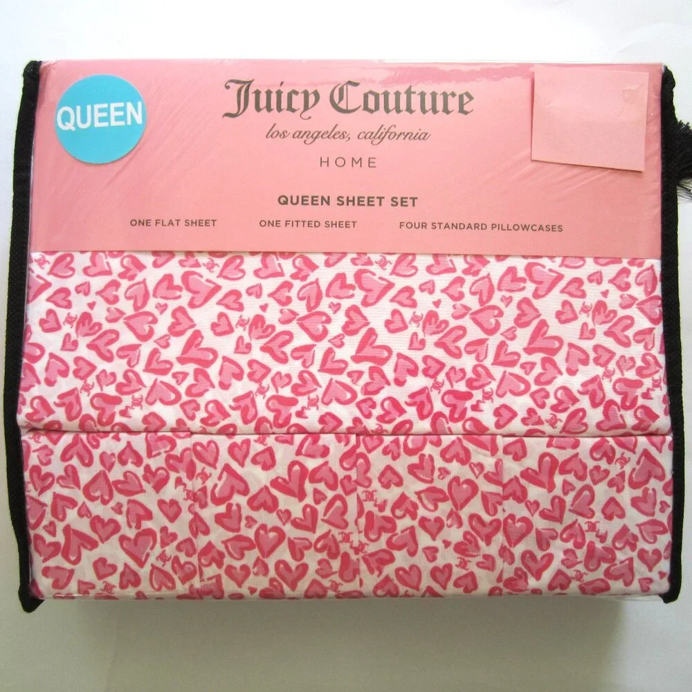 Juicy Couture Queen Sheet Set JC Red Pink Hearts - Picture 1 of 5